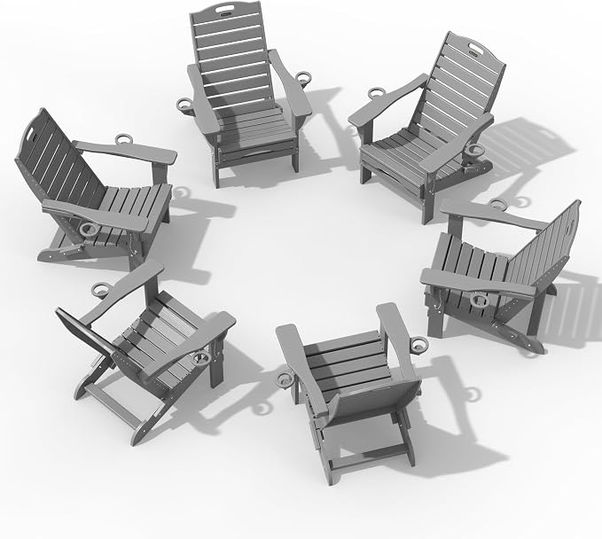 Adjustable Adirondack Chairs Set of 6 with Retractable Ottoman, HDPE Folding Adirondack Chair with Cup Holders, Weather Resistant for Backyard, Poolside & Fire Pit (Grey) by Suunyn