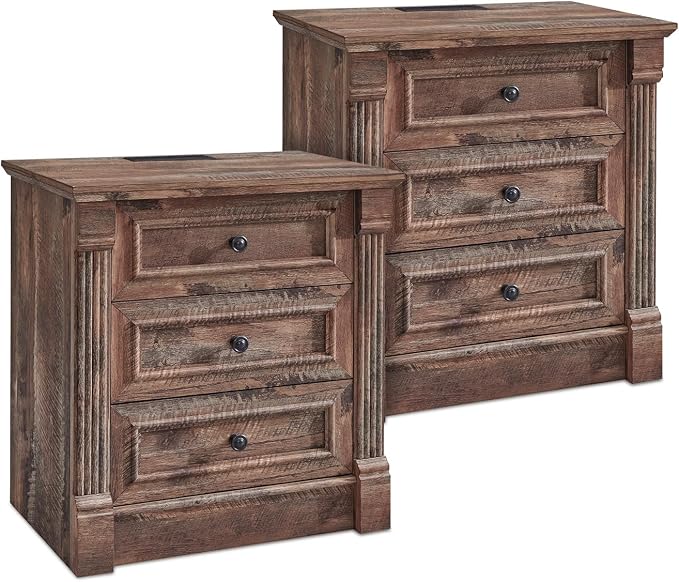 Aitjunz 26" Tall Farmhouse Nightstand Set of 2, 3 Drawers End Table w/Charging Station, 23.6" Wide Large Side Table w/Roman Column, Wood Rustic Sofa Table for Bedroom, Light Brown by AITJUNZ