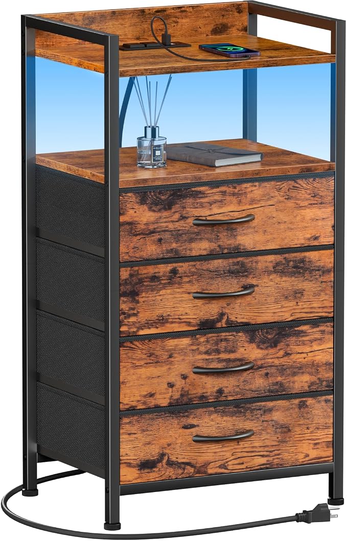 Furnulem Night Stand with Charging Station and Led Light, 4 Drawer Dresser for Bedroom, Small Nightstand Bedside Table, Fabric Bins, Metal Frame, Wood Shelf, Side Furniture(Rustic Brown) by Furnulem