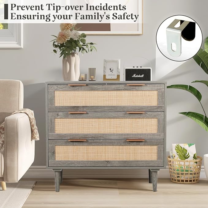 HOPUBUY Large Nightstand Set of 2 with Rattan Drawer, Modern 3 Drawer Night Stand for Bedroom, Wooden Bedside Table for Queen Size and King Size Bed,Grey - Image 7