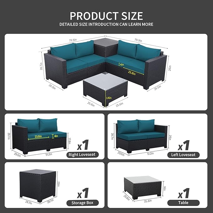 WAROOM Patio Furniture Set 4 Piece Conversation Sets Black Rattan Outdoor Couch Loveseat Wicker Sectional Sofa with Storage Box Glass Top Table, Peacock Blue Cushion