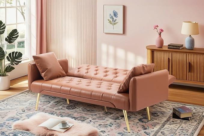 Futon Sofa Bed, Convertible Futon Couch with Adjustable Backrest, 68.31” Folding Sofa Bed with 2 Pillows & Metal Legs, Sleeper Loveseat with Armrest for Home Office, Brown
