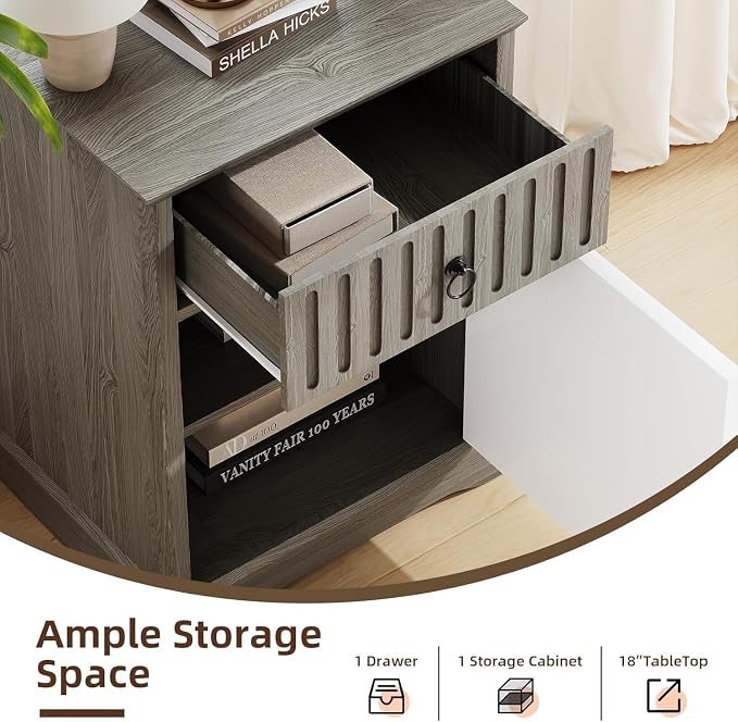 4ever2buy 18" Farmhouse Nightstand, Grey Night Stand with Storage, Wood End Table Bedside Table for Bedroom, Grey and White - Image 4