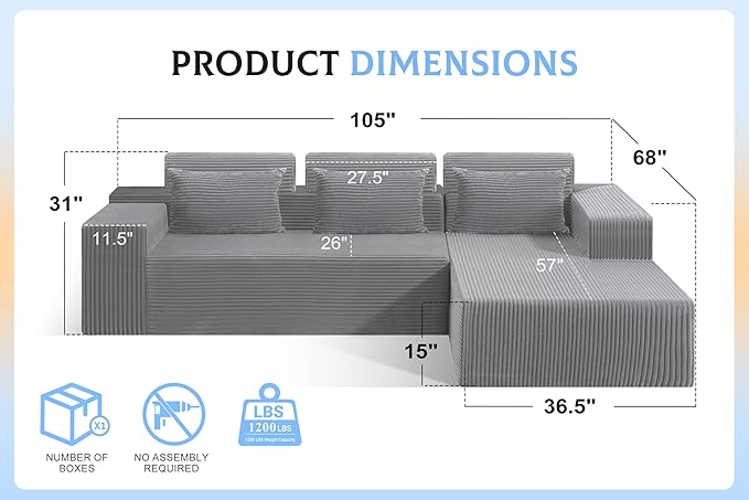 Homguava Modular Sectional Couches for Living Room,105" Cloud Couch with L-Shape Chaise,Comfy Sofa Living Room Sofas with Deep Seat,No Assembly L Couch,Corduroy Fabric(Light Grey,R)