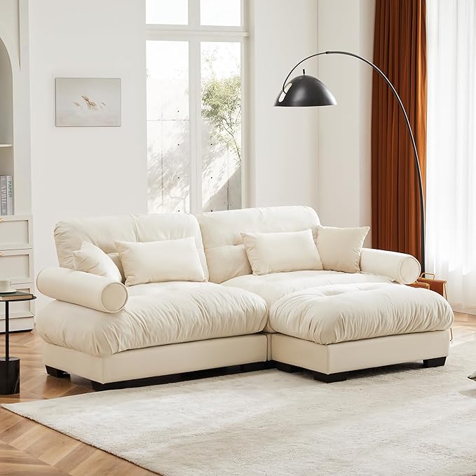 KEIKI 94" L-Shaped Oversized Velvet Modular Sectional Loveseat Sofa with 1 Ottoman, High-Density Foam Cushion, Bolstered Armrest, Upholstered 2-Seater Cloud Couch with 4 Pillow, for Living Room, Cream