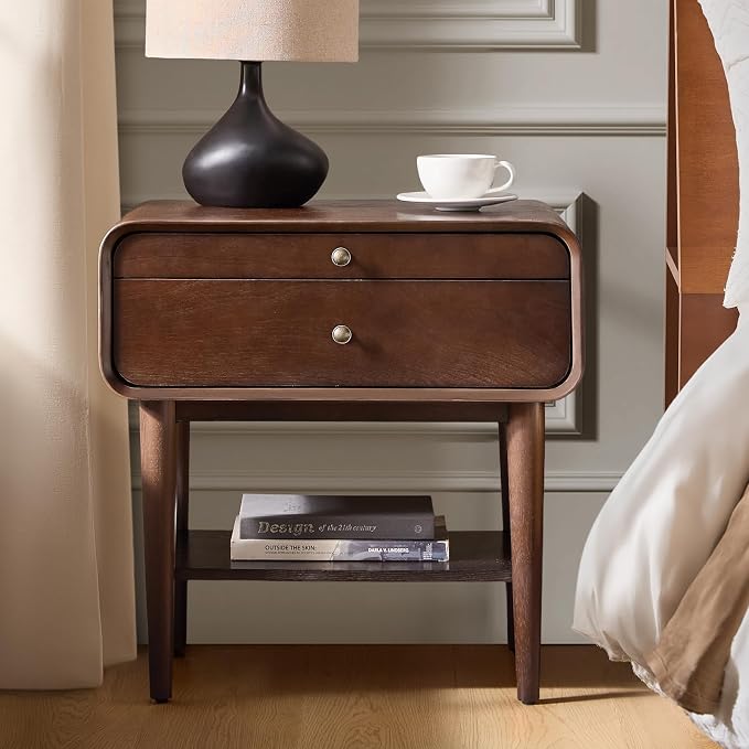 HULALA HOME Nightstand with Pull-Out Shelf, Mid Century Modern End Table with Storage Drawer, Charging Station, Solid Wood Legs, Walnut by HULALAHOME