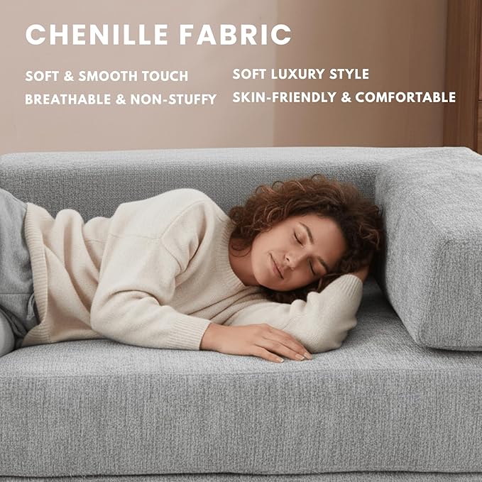 4-in-1 Folding Convertible Sofa Bed, 77" Floor Couch with Pillow - Chenille Fabric & High-Density Sponge & Fixed-Shape Frame, Modular Sofa for Living Room/Lounge/Studio, Light Grey