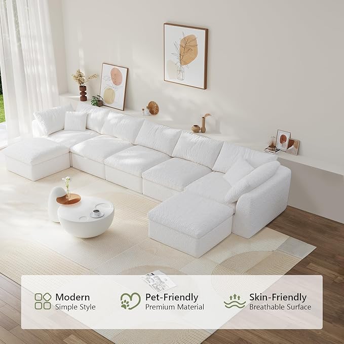 Modular Sectional Sofa Boneless Cloud Couch for Living Room, U Shape Deep Seat Recliner Sofa with Ottoman, Adjustable Backrest & 2 Throw Pillows - Covers Washable, (White, 5 Seater+2 Ottoman)