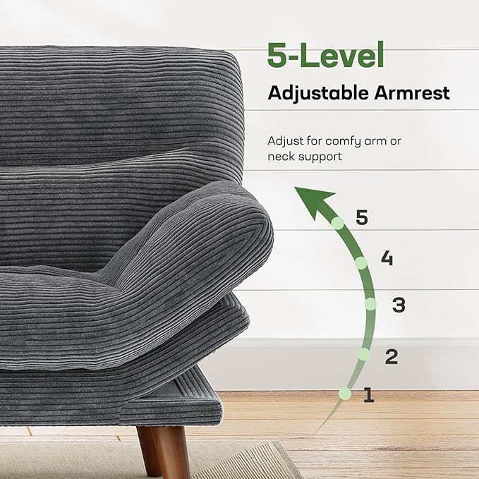 Marsail 74.8" Futon Sofa Bed, Corduroy Convertible Futon Couch with Adjustable Backrest & Armrests, Small Sleeper Sofa Loveseat for Small Apartments, Study Room, Office, Grey