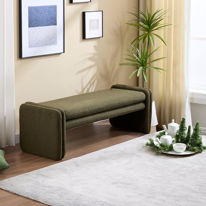 ROCITY Green Boucle Bench 50" Sherpa End of Bed Bench Modern Upholstered Bench for Bedroom Entryway Living Room Vanity Makeup Room, Teddy Fabric Bench with Seating - Image 3