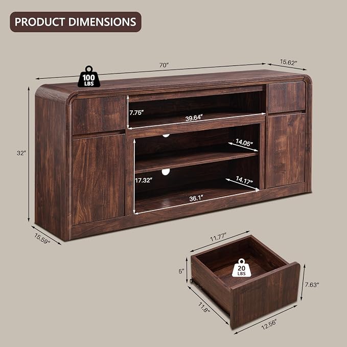 Modern TV Stand for 80 Inch TVs, 32"Tall Entertainment Center w/Storage Cabinet& drawers, Media Console Cabinet w/Soundbar & Adjustable Shelves for Living Room, Curved Profile Design, 70 inch (Brown) - Image 2