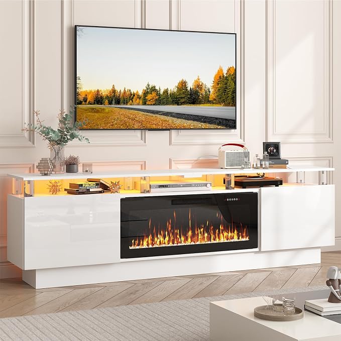 PUKAMI 70" Fireplace TV Stand with 36" Electric Fireplace, LED Light Entertainment Center with Storage, 2 Tier Modern Wood Media TV Console with Highlight Cabinet for Living Room, White by PUKAMI
