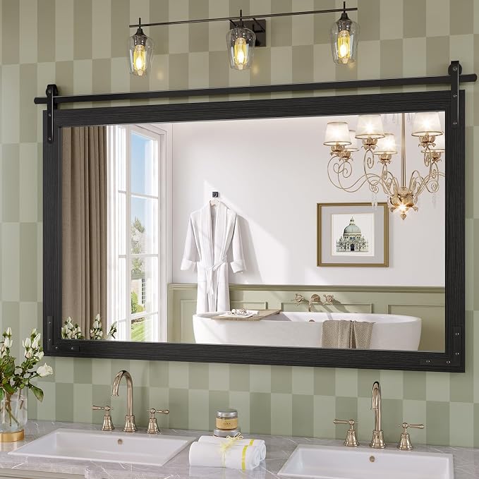 Farmhouse Bathroom Mirror, 55x36 Inch Black Vanity Mirror for Wall, Wood Framed Rustic Mirror Rectangular Wall Decor Mirrors for Entryway Living Room Bedroom by JIINGYO