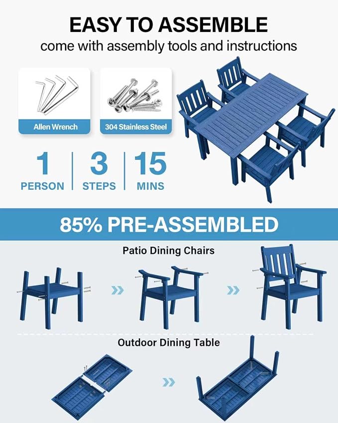 YEFU HIPS Patio Table Set: 5 Piece Outdoor Table and Chairs Dining Furniture Set with Umbrella Hole - Blue Modern Plastic Dining Sets 4 Person for Outside Deck with Metal Aluminum Frame - Image 2