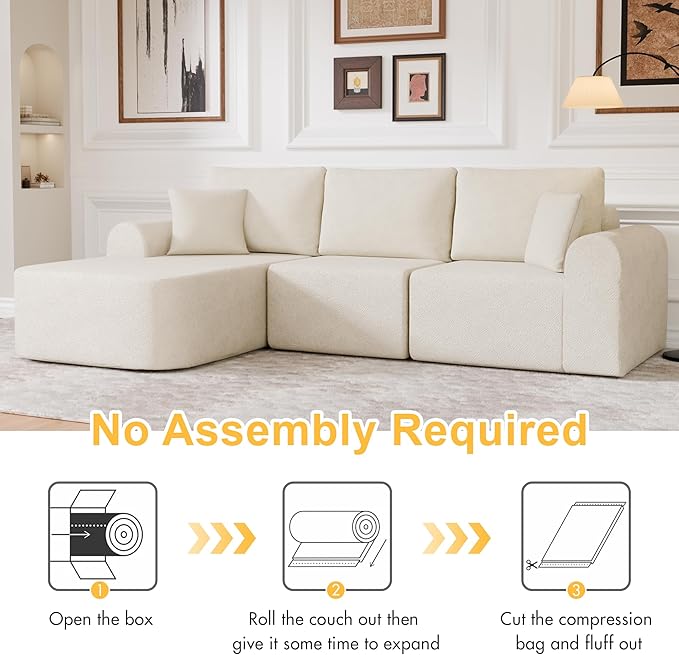 104" Modular Sectional Sofa with L-Shape Chaise, Sherpa Modern Upholstered Cloud Couches for Living Room Bedroom, No Assembly Required, White
