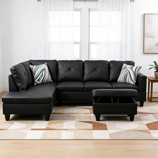 L-Shape Sofa with Storage Ottoman, Leather Sectional Couch with Left Chaise, Modern 3-Piece Sofa Set for Living Room, Upholstered Couch Set with Solid Wood Frame for Apartment, Loft, Black