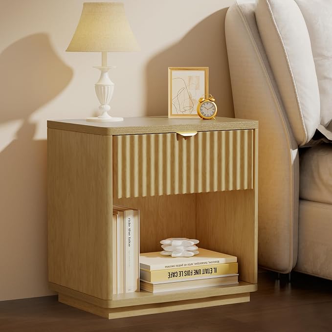 Night Stand, Nightstand with Drawers Bedside Table End Table, Modern Fluted Nightstand Bed Side Table for Bedroom Living Room (Natural) by SnuHome
