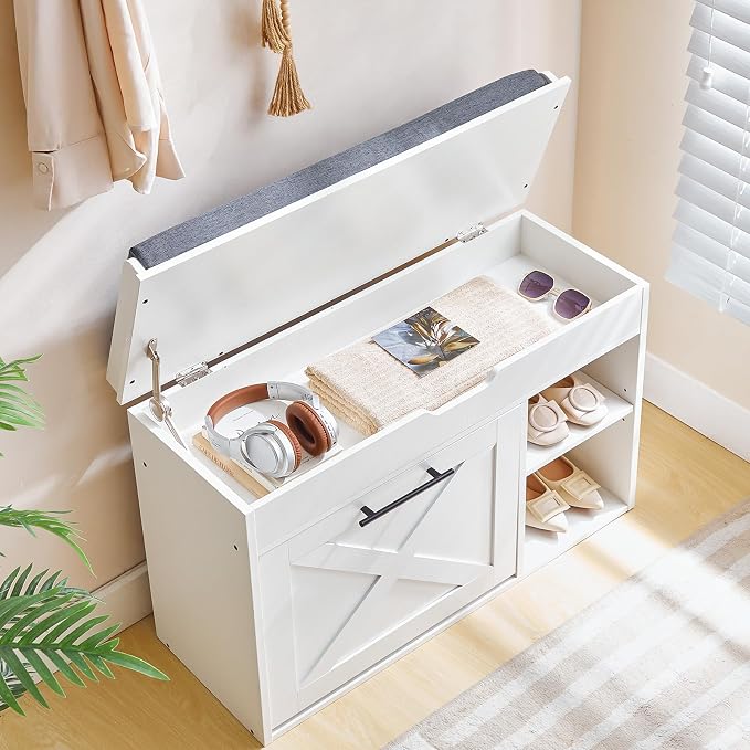 HOOBRO Shoe Storage Bench with Cushion, Modern Entryway Bench with Flip Drawer and Hidden Top Compartment, Shoe Cabinet with Seat and Adjustable Shelves for Hallway, 31.5" L, White and Gray, WG55HX01 - Image 5