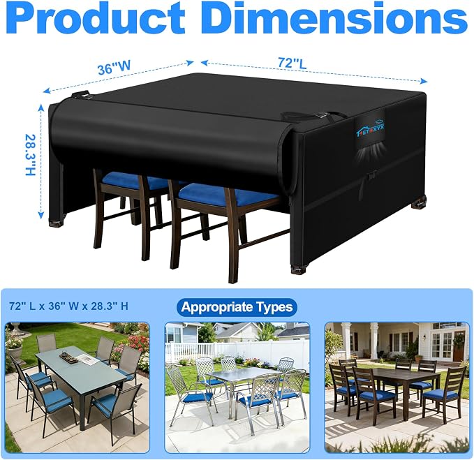 Outdoor Dining Table Cover, 600D Outdoor Furniture Set Covers, Waterproof Patio Table and Chair Set Cover with Flip-Open Zipper Design, Windproof Buckle Straps, 72" L x 36" W x 28.3" H - Image 3