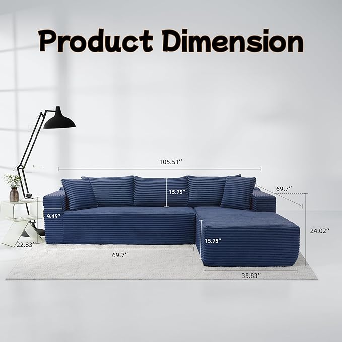Cloud Sectional Couch, 105” Fluffy Modular L-Shape Sofa with Left Chaise Lounge, Modular Sectional Sofa in a Box, Boneless Couch for Living Room, No Assembly Required, Flannel Blue