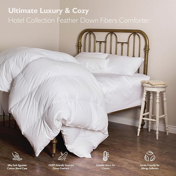 Hotel Luxury All Season Feather Down Comforter Oversized King, Silky Soft Egyptian Cotton Blend Cover, Fluffy Ethically Sourced Feather & Down Fibers Filled Duvet Insert with Ties, 120x98 Inch White