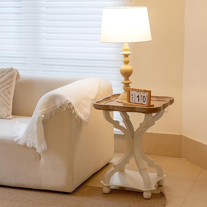 COZAYH Farmhouse Cottagecore End Table, Rustic Wood Tray Top Square Accent Table with White Curved Legs for Family Room, Living Room, or Small Spaces
