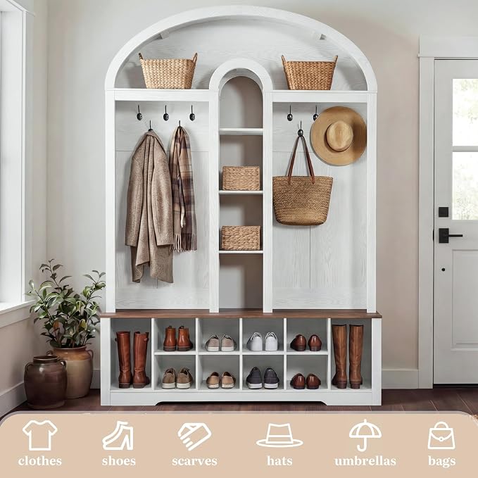 YITAHOME 59" W Hall Tree with Shoe Storage, Arched Entryway Bench with Coat Rack, 10 Shoe Cubbies Shelves & 10 Coat Hooks, Shoe Storage Bench for Entryway Hallway,White - Image 3
