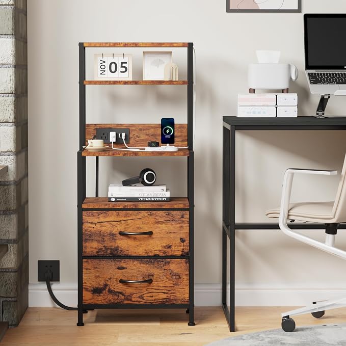 Furnulem Night Stand, Tall Nightstand with 4-Tier Shelves, 2 Fabric Drawers and LED Lights, Bed Side Tables with Charging Station, Bedside Table for Bedroom, Office, Rustic Brown - Image 8