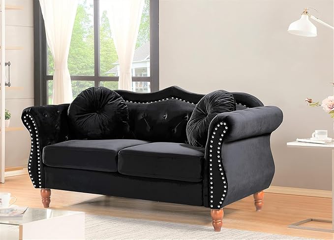 Anna1 Chesterfield Velvet Couches for Living Room, Button Tufted Luxury Upholstery with Rolled Arms, High-Density Foam, Durable Wood Frame, 65.5" Loveseat, Black