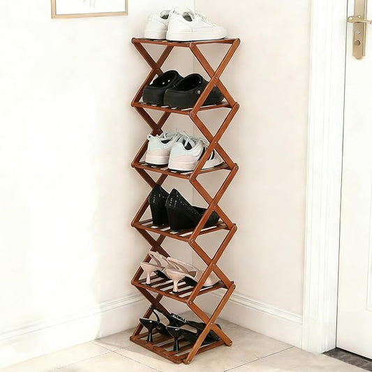 Bamboo Shoe Rack 6 Tier Foldable Shoe Rack Narrow Vertical Shoe Organizer Free Standing Shelf, Multifunctional Slim Storage for Entryway, Corner, Bedroom, Hallway, Walnut Color by Fengzhizhu