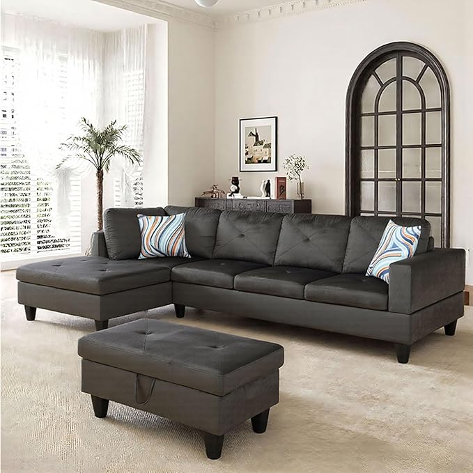 Sectional Couches for Living Room Furniture, 4 Seat L Shaped Couches with Ottoman, Modular Sectional Sofa for Apartment Furniture Sets, Grey