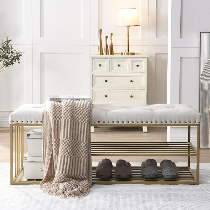 Linen Bench with Storage-Entryway Shoe Storage with Tufted Padded Seat,Gold Mental Frame Ottoman Bench for Bedroom Entry Window Mudroom Living Room,Beige - Image 4
