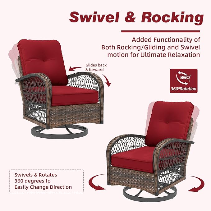 EROMMY 3 Pieces Patio Furniture Set, Outdoor Swivel Rocker Patio Chairs, Wicker Patio Bistro Set with Rocking Chair, Thickened Cushions and Glass Coffee Table for Backyard, Garden, Wine Red