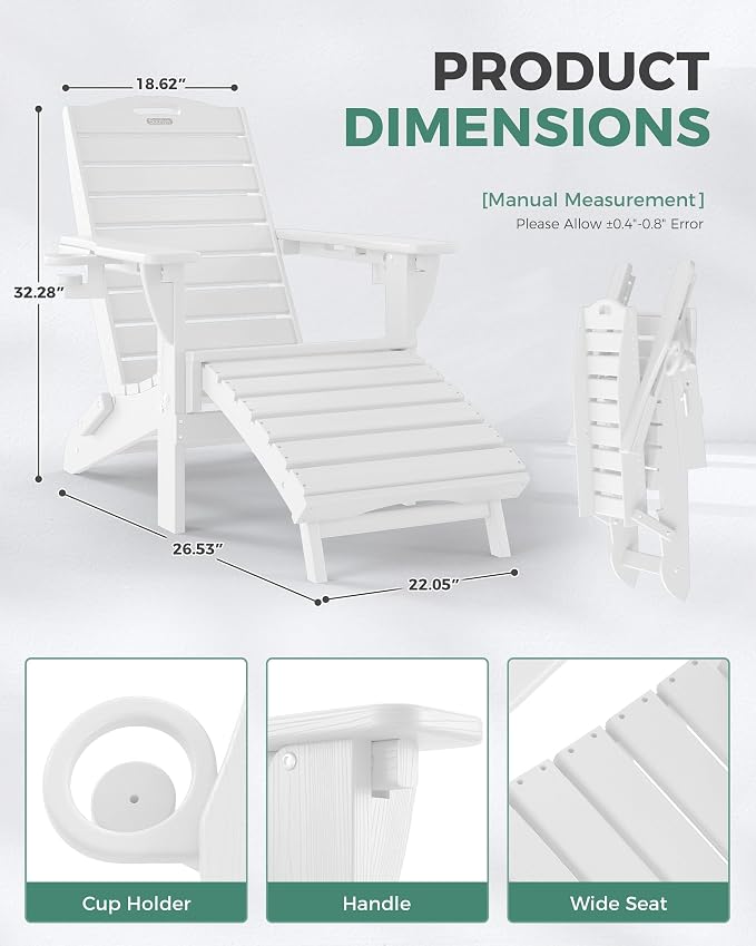Adjustable Adirondack Chairs Set of 6 with Retractable Ottoman, HDPE Folding Adirondack Chair with Cup Holders, Weather Resistant for Backyard, Poolside & Fire Pit (White) - Image 3