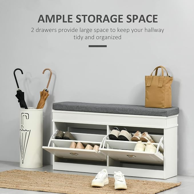 HOMCOM Modern Shoe Rack Bench for Entryway, Storage Organizer with Cushion, 2 Drawers, Adjustable Shelf, Holds 8 Pairs, White - Image 4