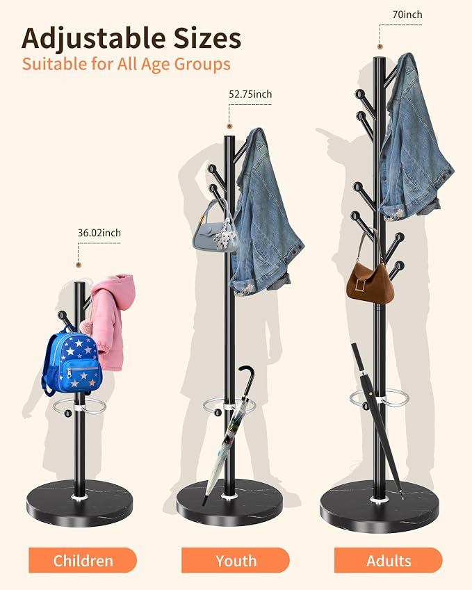 ZOZOE Metal Coat Rack Stand, Modern Coat Rack Freestanding with Natural Marble Base, Sturdy Industrial Coat Racks with 8 Hooks & Umbrella Holder,Black Coat Tree Hanger Stand for Entryway,Office - Image 4