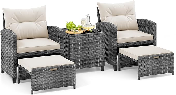 Tangkula 5 Pieces Patio Conversation Set, PE Wicker Rattan Outdoor Furniture Set with 2 Chairs, 2 Ottomans & Tempered Glass Coffee Table, Ideal for Poolside, Backyard, Lawn, Deck, Mix Grey & Off White