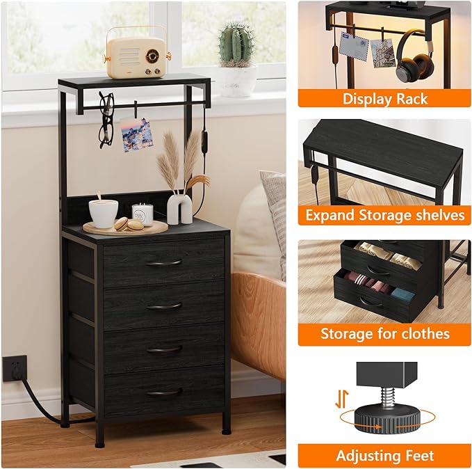 Furnulem Tall Nightstand with Charging Station, Night Stands with LED Lights and Storage Shelves, Bed Side Table for Bedroom, Hallway, Office, 4 Fabric Drawers (Black Oak) - Image 6