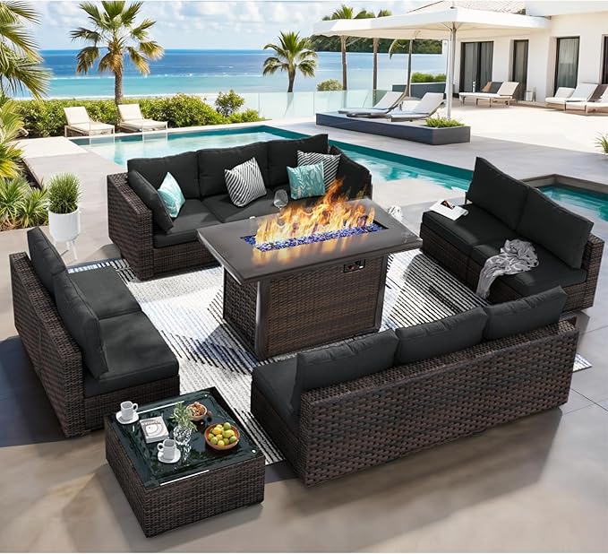 12 Piece Patio Furniture Set with Fire Pit Table, Outdoor Sectional Sofa PE Rattan, Patio Conversation Sets with Cushions for Garden Lawn Balcony Porch Deck Black