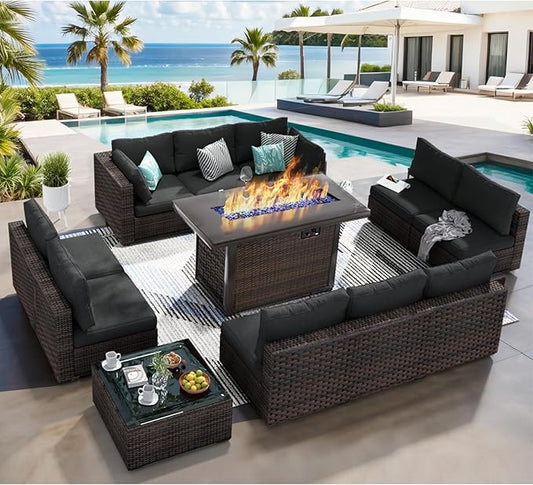 12 Piece Patio Furniture Set with Fire Pit Table, Outdoor Sectional Sofa PE Rattan, Patio Conversation Sets with Cushions for Garden Lawn Balcony Porch Deck Black