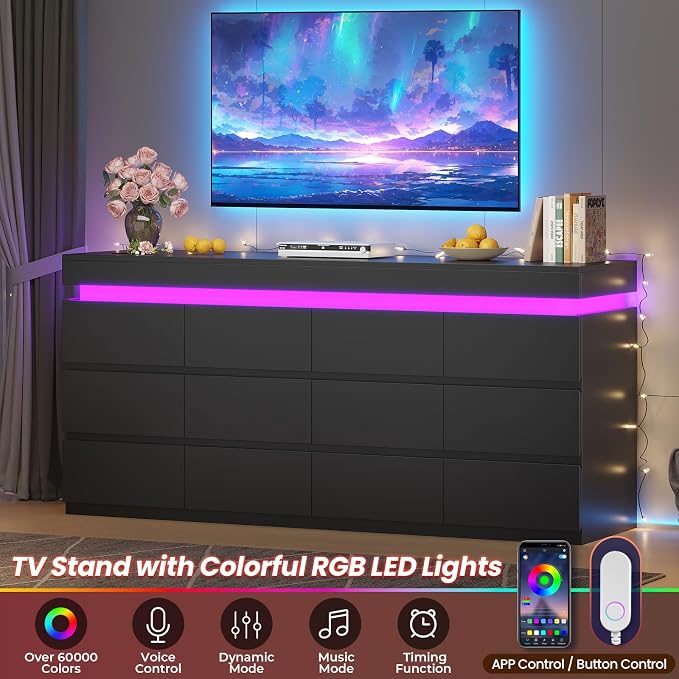 HAUOMS 12 Drawer Dresser with LED Light, Black Modern Chest of Drawers for Bedroom,Long Dresser with Drawers for Living Room, Entryway, Hallway - Image 3