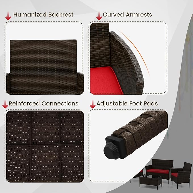 DORTALA Wicker Patio Furniture Set 4 Piece, Outdoor PE Rattan Table & Chairs Set with Tempered Glass Coffee Table, Loveseat, Cushions, Conversation Set for Balcony, Porch, Backyard, Deck, Red