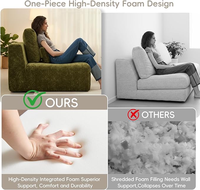 Modular Single Sofa Couch, Green Plush Velvet No-Assembly Compressed Sofa, Deep-Seat Lounge Chair for Small Spaces Living Rooms Bedrooms Reading Nooks