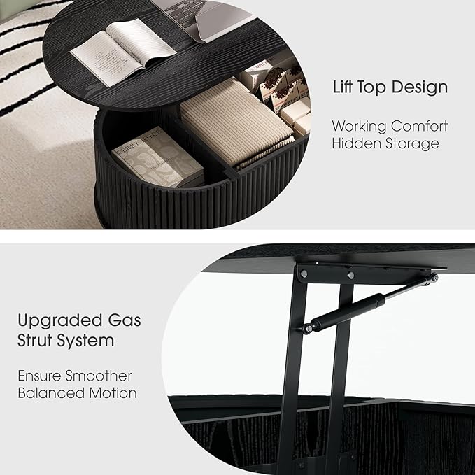 42.5" Oval Lift Top Coffee Table with Storage, Mid Century Modern Black Center Table with Fluted Design, Solid Wood Legs & Hidden Compartment, Pop Up Cocktail Table for Living Room