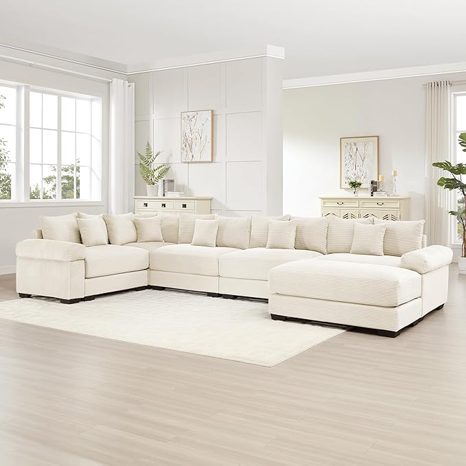 KEIKI 146" U-Shaped Oversized Corduroy Modular Cloud Sectional Sofa with 1 Ottoman, High-Density Foam Cushion, Extra-Thick Armrest, 5-Seater Fluffy Corner Couch with 18 Pillow, for Living Room, Beige