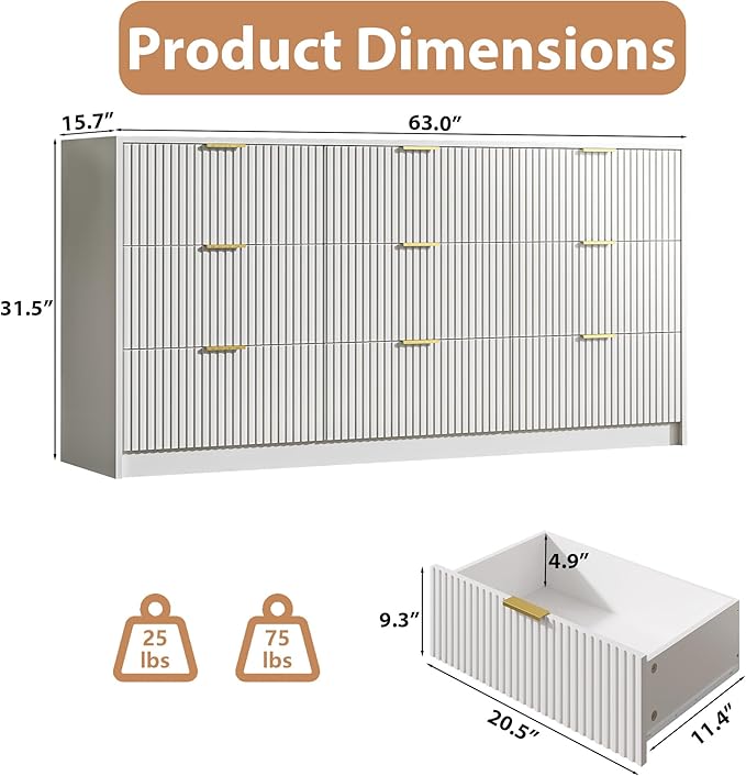 MAISONARIA 3-Piece Dresser Bedroom Set, 9 Drawer Dresser & 2 Drawer Nightstands with Gold Handles, Fluted Wood Chest of Drawers for Bedroom, Living Room, Entryway, White