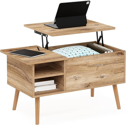 Furinno Jensen Wooden Leg Lift Top Coffee Table with Hidden Compartment and Side Open Storage Shelf for Living Room, Flagstaff Oak