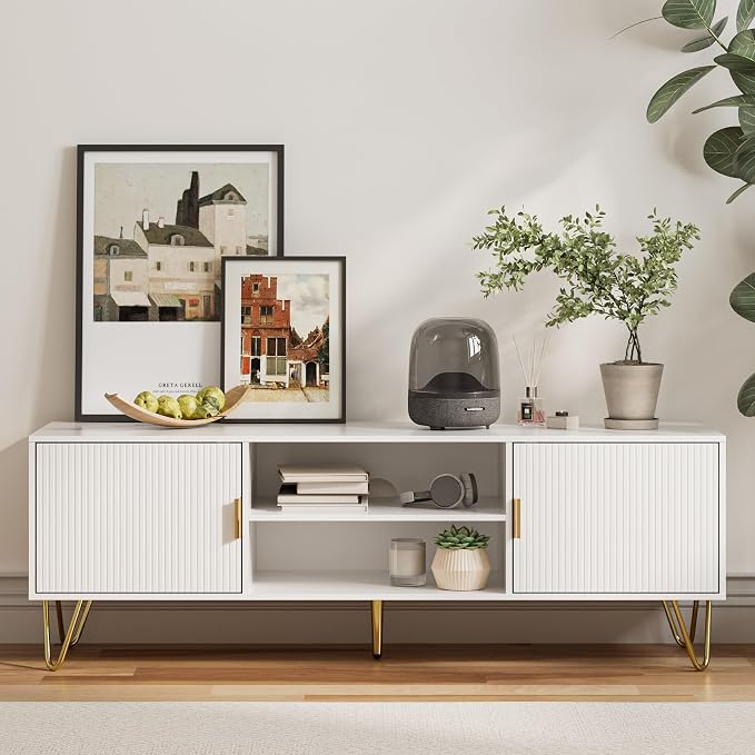 TV Stand for 55-65 Inch TV, Entertainment Center with Soft Hinge Door,TV Console Table with 2 Cabinets with Gold Handle and Feet,for Living Room, Bedroom, White - Image 5