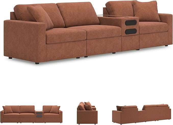 Signature Design by Ashley Modmax Urban Modular Stain Resistant 4-Piece Sectional with Audio Console, Drawer Storage, USB Ports and 2 Accent Pillows, Orange