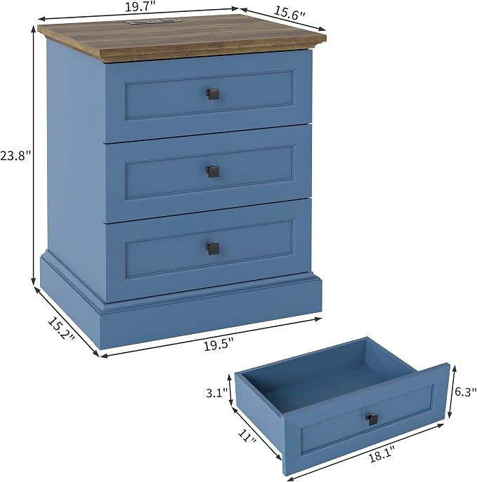 Night Stands Set 2 with Charging Station, Bedside Table with 2 Drawers Storage and Open Shelf, Wood Farmhouse Nightstands with Outlets for Bedroom Office, Blue - Image 3